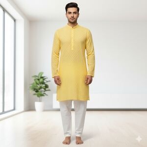 Ansab Jahangir Mens Pakistani Indian Kurta, Embroidery, Size L